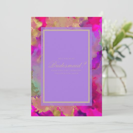 Marmeren bruidsmeisje roze, paarse en gouden uitno save the date (Staand voorkant)