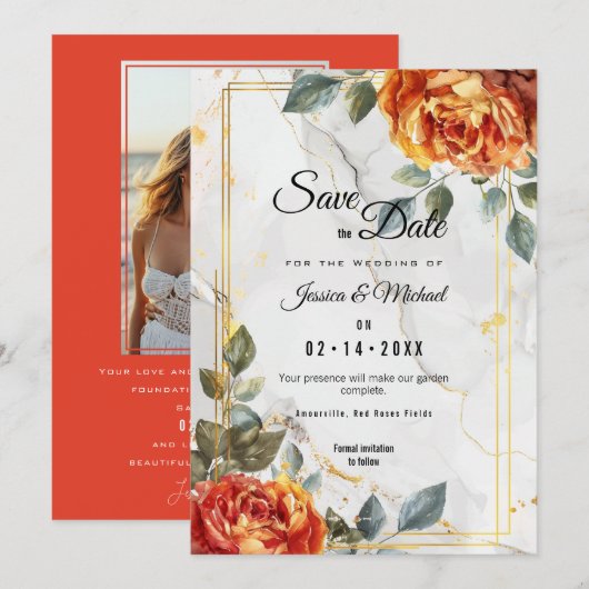 Marmeren dromen: Oranje Roos Elegance Collectie Save The Date (Voorkant / Achterkant)