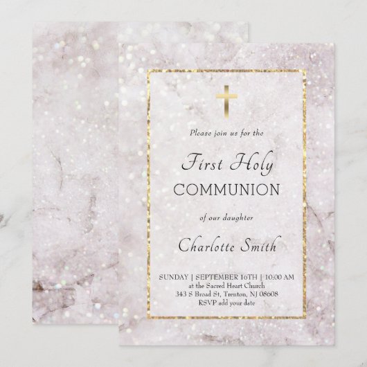 marmeren elegante uitnodiging voor de Eerste Commu (Voorkant / Achterkant)