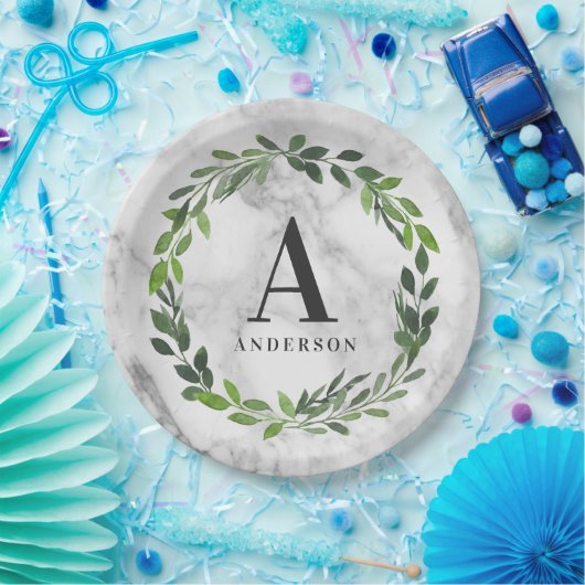 Marmeren en aquarel krans initiaal papieren bordje (Feest)