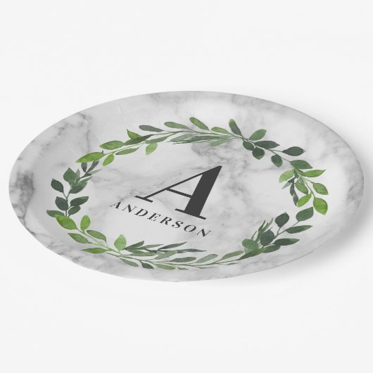 Marmeren en aquarel krans initiaal papieren bordje (Gekanteld)