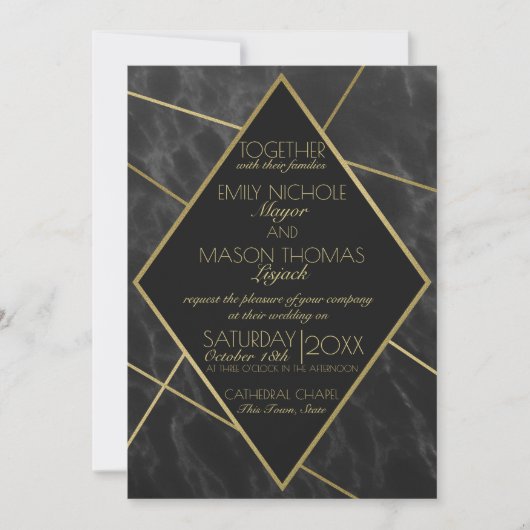 Marmeren en Gouden Art Deco Geometrische Slate Wed Kaart (Voorkant)