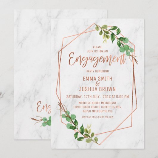 Marmeren Foliage Roos Gouden Kalligrafie Verloving Kaart (Voorkant / Achterkant)