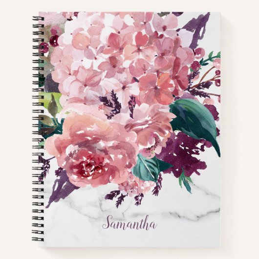 Marmeren Girly Roze Waterverf Bloemen Notitieboek (Voorkant)