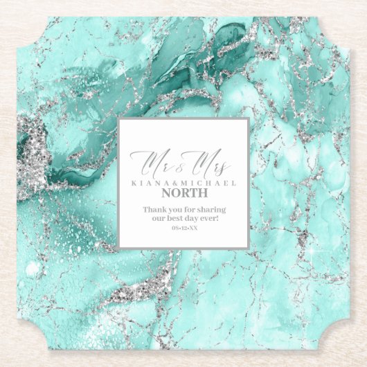 Marmeren Glitter Bruiloft Mr. & Mrs. Blauwgroen Zi Kartonnen Onderzetters (Voorkant)