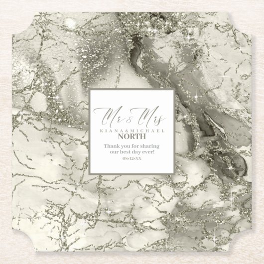 Marmeren Glitter Bruiloft Mr. & Mrs. Roos Gold ID6 Kartonnen Onderzetters (Voorkant)