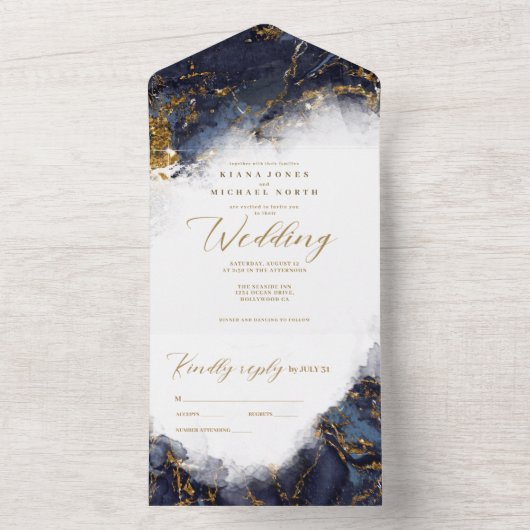 Marmeren Glitter Bruiloft Navyblauw Goud ID644 All In One Uitnodiging (Binnen)