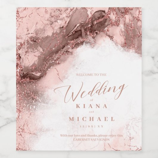 Marmeren Glitter Bruiloft Roze Goud ID644 Wijn Etiket (Enkel label)