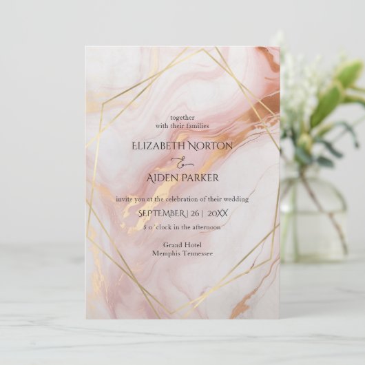 Marmeren Goud (Imitatie) Blush Bruiloft Uitnodigin Kaart (Staand voorkant)