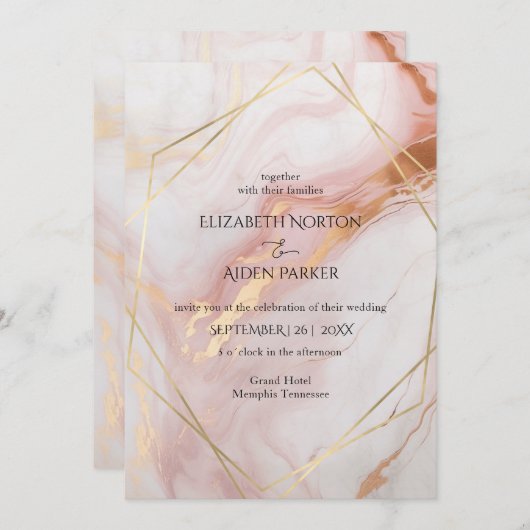 Marmeren Goud (Imitatie) Blush Bruiloft Uitnodigin Kaart (Voorkant / Achterkant)