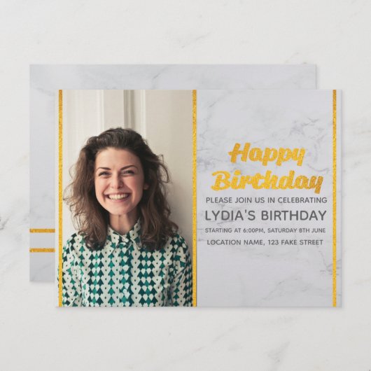 Marmeren & Gouden Foto Verjaardag Uitnodiging (Voorkant / Achterkant)