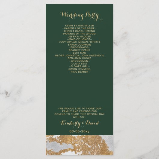 Marmeren Groene en Gouden Huwelijksprogramma's Programmakaart (Achterkant)
