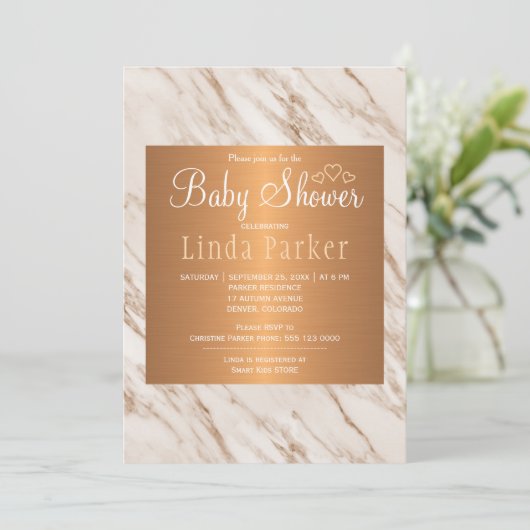 Marmeren koperen trendy chique monogram baby showe kaart (Staand voorkant)