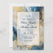 Marmeren moderne blauwe en gouden bruiloft kaart (Voorkant)