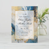 Marmeren moderne blauwe en gouden bruiloft kaart (Staand voorkant)