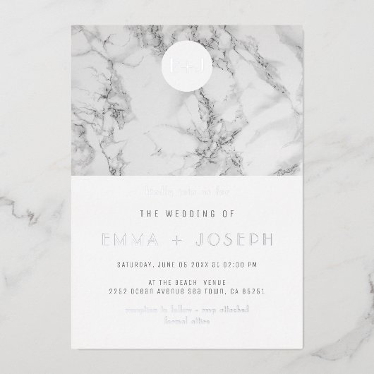 Marmeren Moderne Eenvoudige Huwelijk Zilveren Foli Folie Uitnodiging (Voorkant)