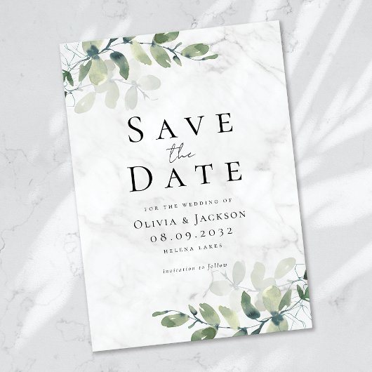 Marmeren moderne eucalyptus typografie bruiloft save the date