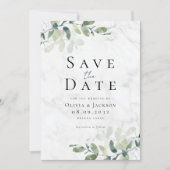 Marmeren moderne eucalyptus typografie bruiloft save the date (Voorkant)