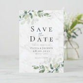 Marmeren moderne eucalyptus typografie bruiloft save the date (Staand voorkant)