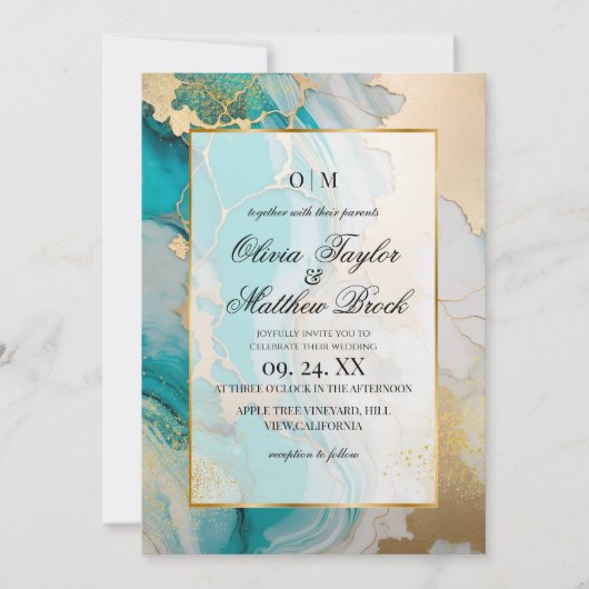 Marmeren Moderne Turquoise en gouden bruiloft Kaart (Voorkant)
