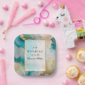 Marmeren moderne turquoise en gouden bruiloft papieren bordje (Feest)