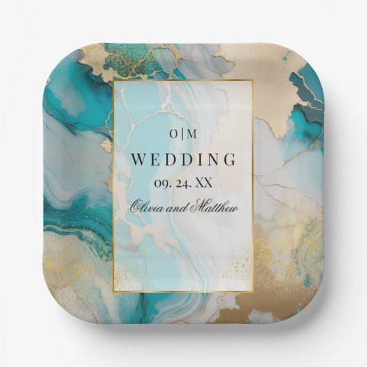 Marmeren moderne turquoise en gouden bruiloft papieren bordje (Voorkant)