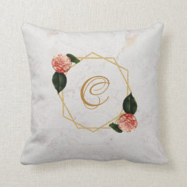 Marmeren Monogram Goud Roze Camellia Bloemen Geome Kussen
