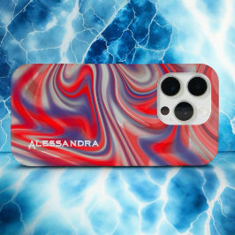 Marmeren monogram rood blauw grijs abstract wervel iPhone 15 pro case