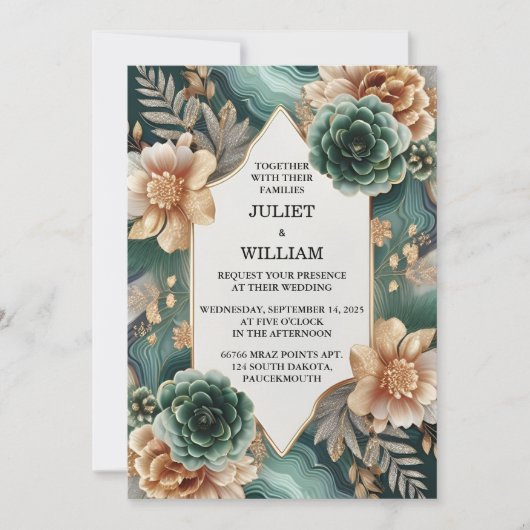 Marmeren Monstera Smaragd Groen en Gouden Bruiloft Kaart (Voorkant)