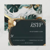 Marmeren Monstera Smaragd Groen en Gouden Bruiloft RSVP Kaartje (Voorkant / Achterkant)