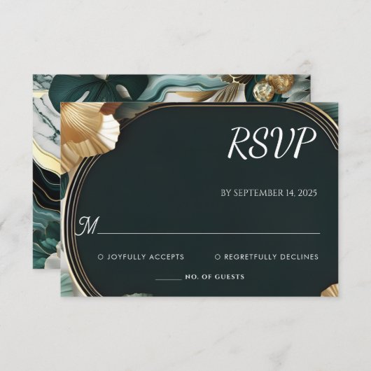 Marmeren Monstera Smaragd Groen en Gouden Bruiloft RSVP Kaartje (Voorkant / Achterkant)