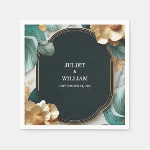 Marmeren Monstera Smaragd Groen en Gouden Bruiloft Servet