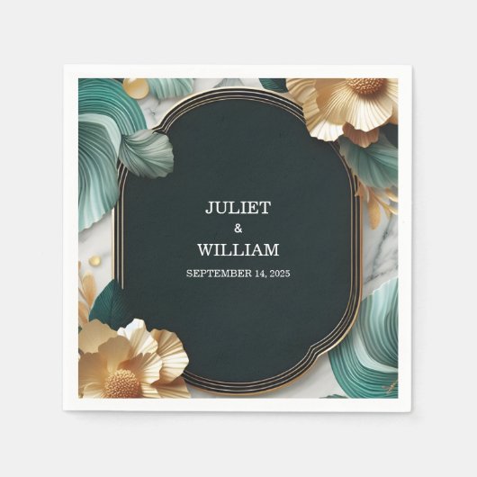 Marmeren Monstera Smaragd Groen en Gouden Bruiloft Servet (Voorkant)