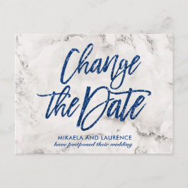Marmeren Navy Blue glitterscript wijzigingsdatum Aankondigingskaart