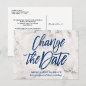 Marmeren Navy Blue glitterscript wijzigingsdatum Aankondigingskaart (Voorkant / Achterkant)