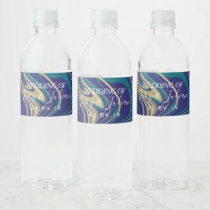Marmeren nep goud blauwe trouw waterfles label etiket