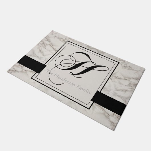 Marmeren Patroon Zwart Monogram H Naam toevoegen E Deurmat (Schuin)