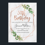 Marmeren Roos Gold Foliage 50e Verjaardag uitnodig Kaart<br><div class="desc">Marmeren Roos Gold Foliage 50e Verjaardag uitnodiging Foliage,  faux roos gouden lijn kunst en marmer 50e verjaardagsuitnodiging. Dit eenvoudige en elegante ontwerp is voorzien van een penseelkalligrafie in faux rozen gouden folie die niet kan worden gewijzigd en wat groen gebladerte. De achtergrond is een wit marmeren afbeelding.</div>