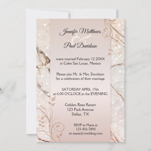 Marmeren Roos Goud Bloemen Post Huwelijksuitnodigi Kaart (Voorkant)