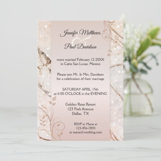 Marmeren Roos Goud Bloemen Post Huwelijksuitnodigi Kaart (Staand voorkant)