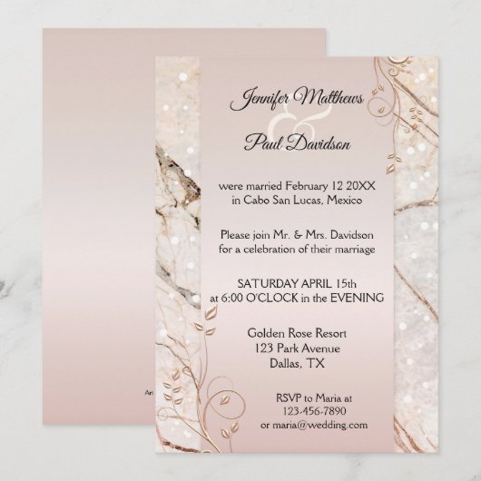 Marmeren Roos Goud Bloemen Post Huwelijksuitnodigi Kaart (Voorkant / Achterkant)