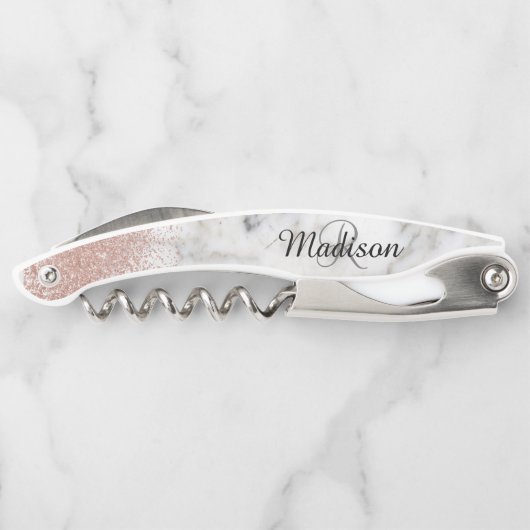 Marmeren Roos Goud Stijlvolle Monogram Glitter Kurkentrekker (Achterkant)