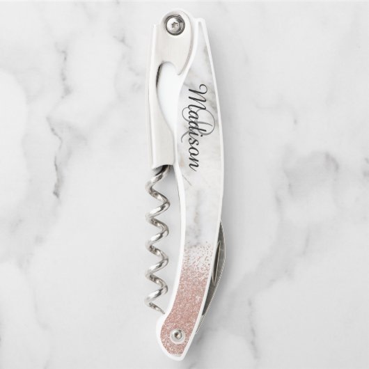 Marmeren Roos Goud Stijlvolle Monogram Glitter Kurkentrekker (Voorkant)