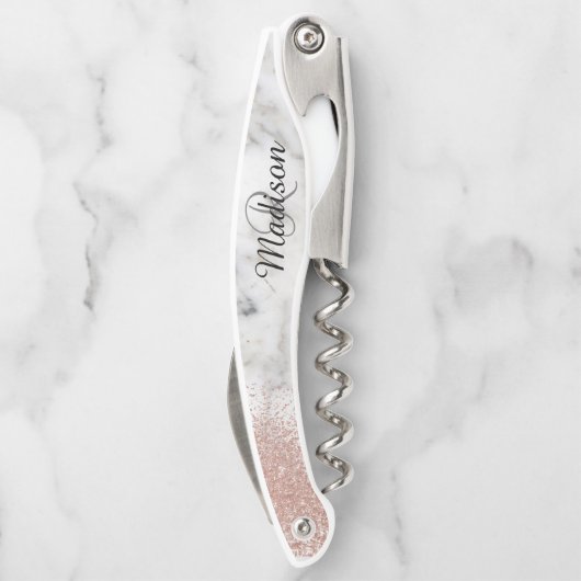 Marmeren Roos Goud Stijlvolle Monogram Glitter Kurkentrekker (Achterkant)