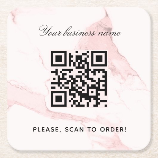 Marmeren roze bedrijfsnaam qr code kartonnen onderzetters (Voorkant)