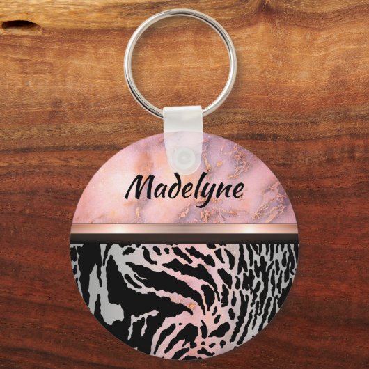 Marmeren roze chique tijger safari print gepersona sleutelhanger (Voorkant)