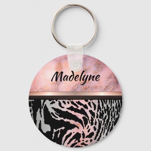 Marmeren roze chique tijger safari print gepersona sleutelhanger (Achterkant)