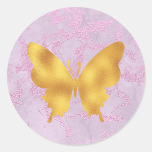 Marmeren roze en gouden vlinder ronde sticker