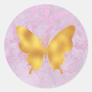 Marmeren roze en gouden vlinder ronde sticker