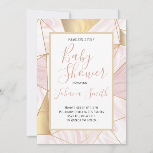 Marmeren Roze Goud Wit Meisje Baby shower Uitnodig Kaart (Voorkant)